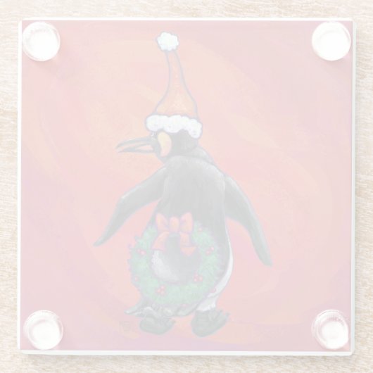 Pinguïn in Santa Hat op rood Glazen Onderzetter (Achterkant)