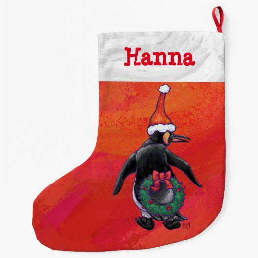 Pinguïn in Santa Hat op rood Grote Kerstsok (Achterkant)