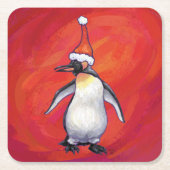 Pinguïn in Santa Hat op rood Kartonnen Onderzetters (Voorkant)
