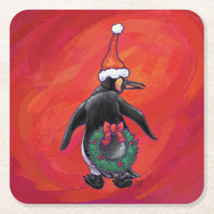 Pinguïn in Santa Hat op rood Kartonnen Onderzetters