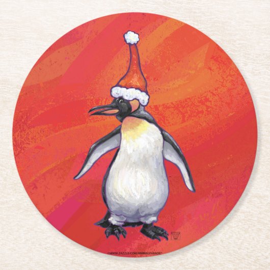 Pinguïn in Santa Hat op rood Ronde Kartonnen Onderzetter (Voorkant)