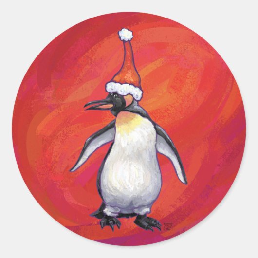 Pinguïn in Santa Hat op rood Ronde Sticker (Voorkant)