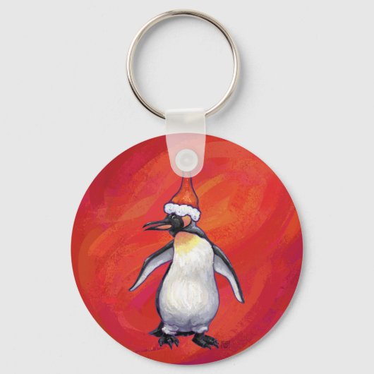 Pinguïn in Santa Hat op rood Sleutelhanger (Voorkant)