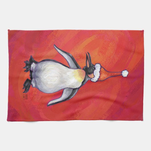 Pinguïn in Santa Hat op rood Theedoek (Horizontaal)