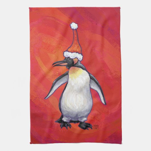 Pinguïn in Santa Hat op rood Theedoek (Verticaal)