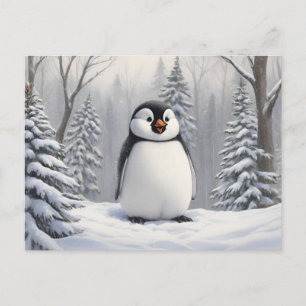 Pinguïn in sneeuw boom achtergrond briefkaart