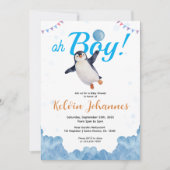 Pinguïn Jongen Blauwe Ballon Wolk Lucht Baby Borre Kaart (Voorkant)