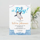 Pinguïn Jongen Blauwe Ballon Wolk Lucht Baby Borre Kaart (Staand voorkant)
