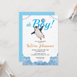 Pinguïn Jongen Blauwe Ballon Wolk Lucht Baby Borre Kaart