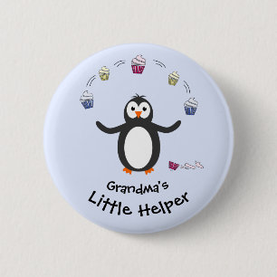 Pinguïn jongleren cupcakes beetje helper blauw ronde button 5,7 cm
