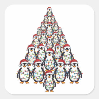 Pinguïn Kerstboom Santa Hoed Kerstlichten Vierkante Sticker