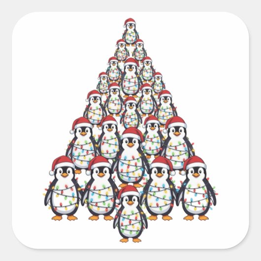 Pinguïn Kerstboom Santa Hoed Kerstlichten Vierkante Sticker (Voorkant)