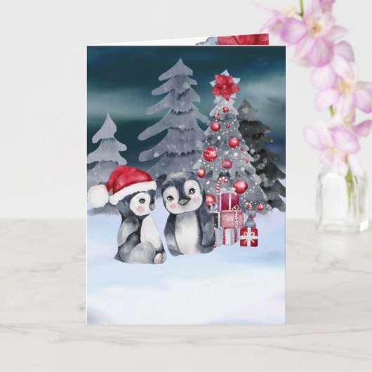 Pinguïn Kerstboom Scène Kaart (Orchidee)