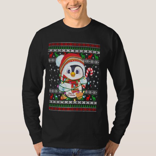 Pinguïn Kerstlamskerstlampje Santa Hat Ugly Kerstm T-shirt (Voorkant)