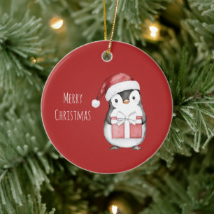 Pinguïn Kerstman Hoed Kerstmis Keramisch Ornament
