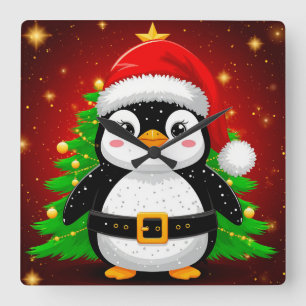 🐧 Pinguïn Kerstman Kerstboom Vakantie Pret ✨ Vierkante Klok