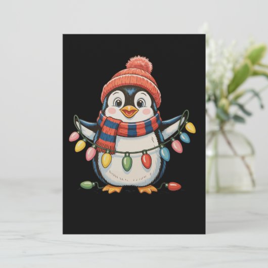 Pinguïn Kerstverlichting Kerstman Hoed Kerstvakant Feestdagenkaart (Staand voorkant)