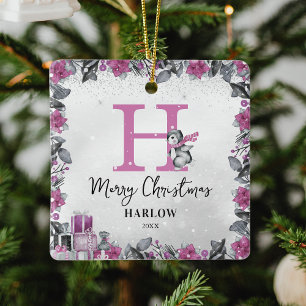 Pinguïn Kinder naam Monogram Kerst Keramisch Ornament