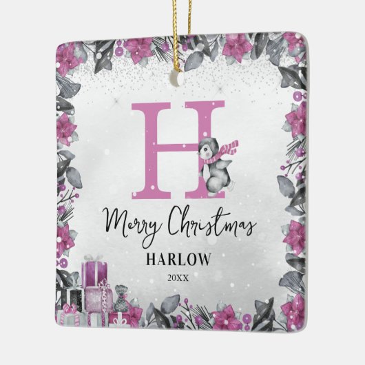 Pinguïn Kinder naam Monogram Kerst Keramisch Ornament (Links)