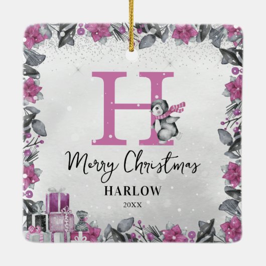 Pinguïn Kinder naam Monogram Kerst Keramisch Ornament (Achterkant)