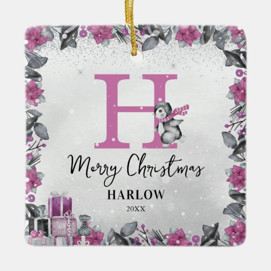 Pinguïn Kinder naam Monogram Kerst Keramisch Ornament (Voorkant)