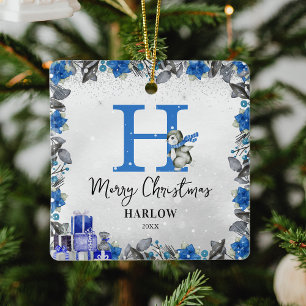 Pinguïn Kinderen Naam Monogram Kerstmis Keramisch Ornament