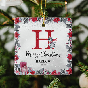 Pinguïn Kinderen Naam Monogram Kerstmis Keramisch Ornament