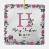 Pinguïn Kinderen Naam Monogram Kerstmis Keramisch Ornament (Achterkant)