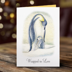 Pinguïn knuffel in de sneeuw hand waterverf Kerstm Feestdagen Kaart