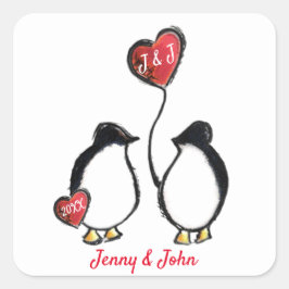 Pinguïn koppel & hartballon bruiloft vierkante sticker