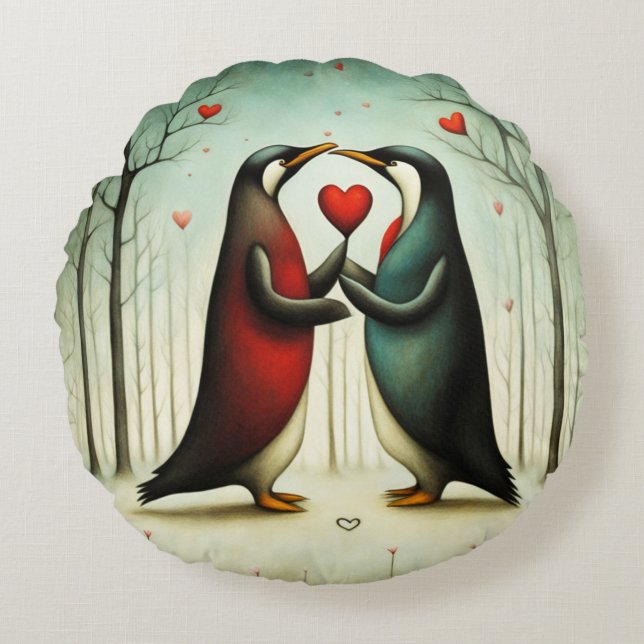 Pinguïn Liefde 2 Rond Kussen (Voorkant)