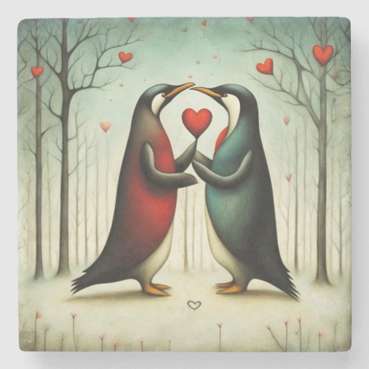 Pinguïn Liefde 2 Stenen Onderzetter (Voorkant)