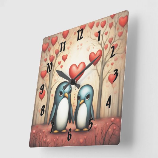 Pinguïn Liefde 3 Vierkante Klok (Hoek)
