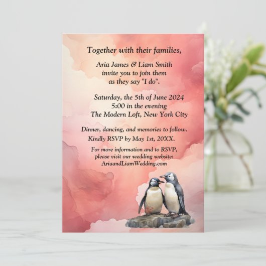 Pinguïn liefde bruiloft uitnodiging (Staand voorkant)