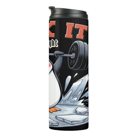 Pinguïn Lifting Gewichten Werken Het Thermosbeker (Geroteerd rechts)