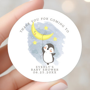 Pinguïn Maan Aquarel Baby Shower Bedankt Ronde Sticker
