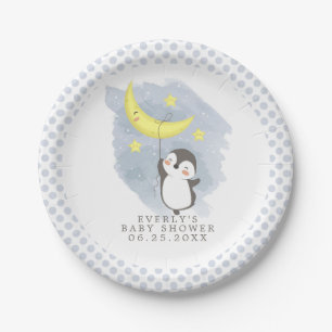Pinguïn Maan Aquarel Baby Shower Papieren Bordje