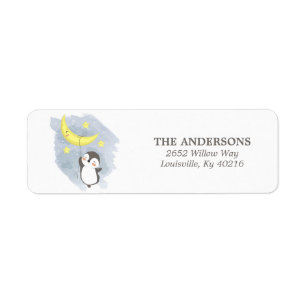 Pinguïn Maan Aquarel Baby Shower Retouradres Etiket