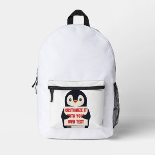 Pinguïn mascotte met een bord voor aangepaste teks bedrukte rugzak