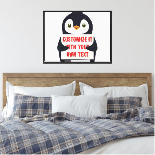 Pinguïn mascotte met een bord voor aangepaste teks canvas afdruk