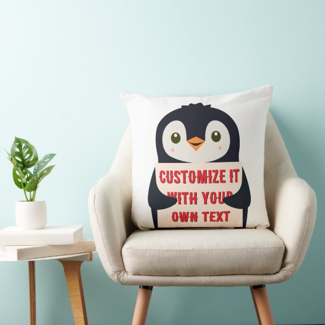 Pinguïn mascotte met een bord voor aangepaste teks kussen (Stoel)