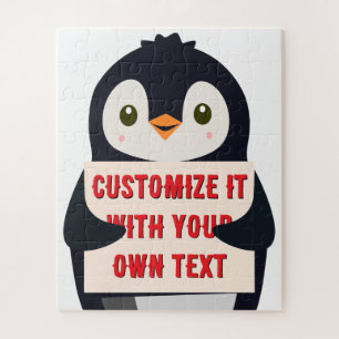 Pinguïn mascotte met een bord voor aangepaste teks legpuzzel