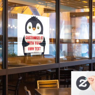 Pinguïn mascotte met een bord voor aangepaste teks raamsticker