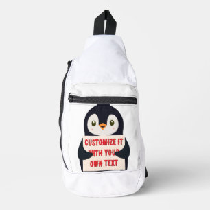 Pinguïn mascotte met een bord voor aangepaste teks sling bag