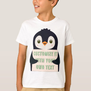 Pinguïn mascotte met een bord voor aangepaste teks t-shirt