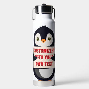 Pinguïn mascotte met een bord voor aangepaste teks waterfles