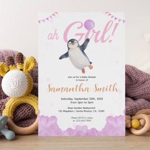 Pinguïn Meisje Roze Ballon Witte Wolk Lucht Baby S Kaart
