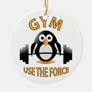 Pinguïn met barbel keramisch ornament
