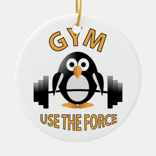 Pinguïn met barbel keramisch ornament (Voorkant)
