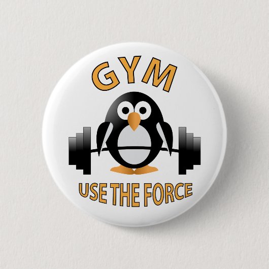 Pinguïn met barbel ronde button 5,7 cm (Voorkant)